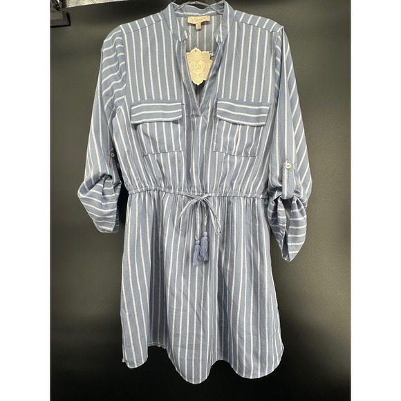 Indulge In Style Dresses & Skirts - Indulge In Style Blue White Striped Roll Tab Sleeve Mini‎ Dress XL NWT
